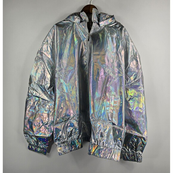 Choosy Size 18 Silver Iridescent Oversized Hooded Windbreaker Jacket NWT - Picture 1 of 11